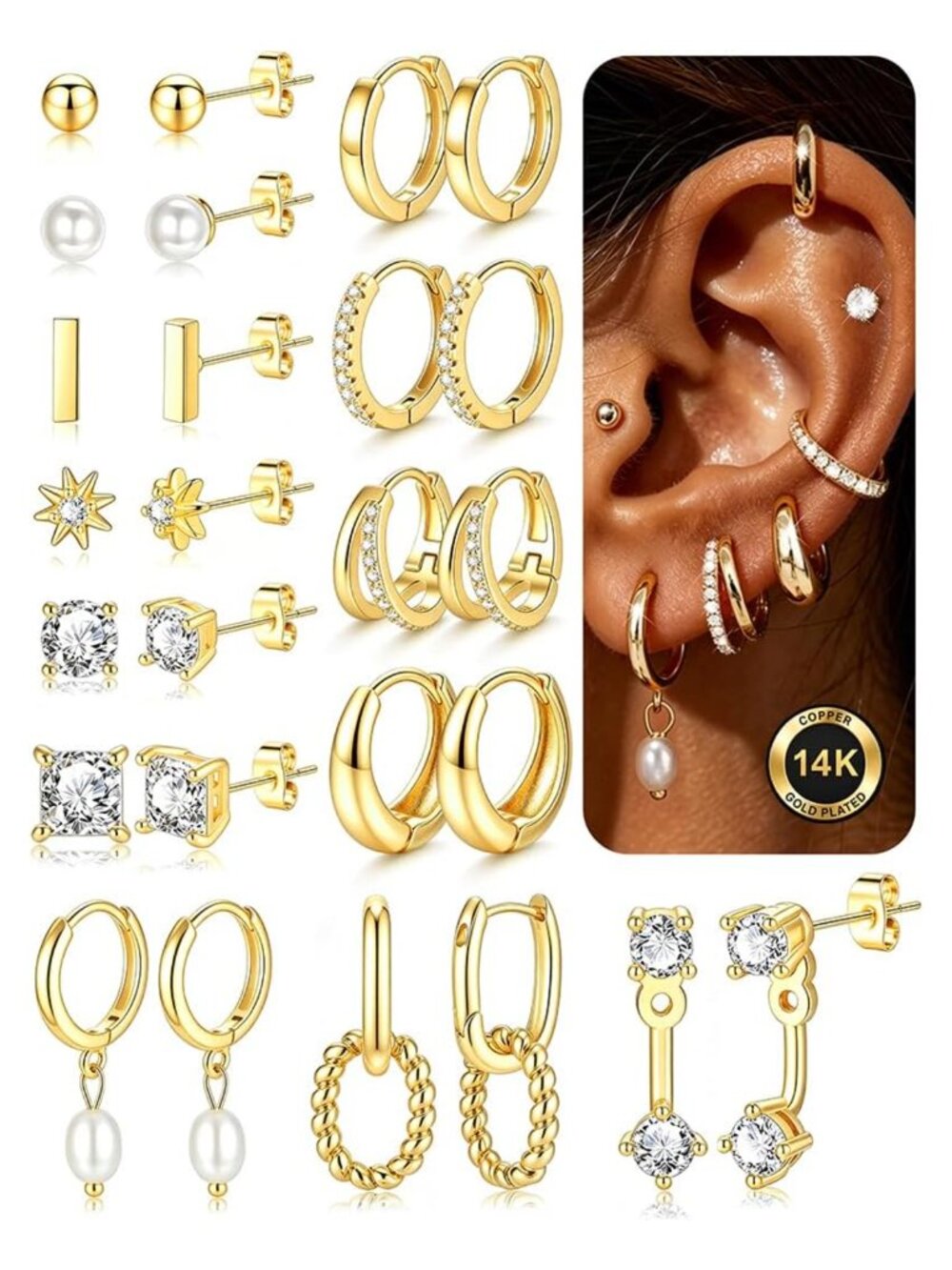14K Gold Plated Earrings Set 13 Pairs Hypoallergenic Stackable